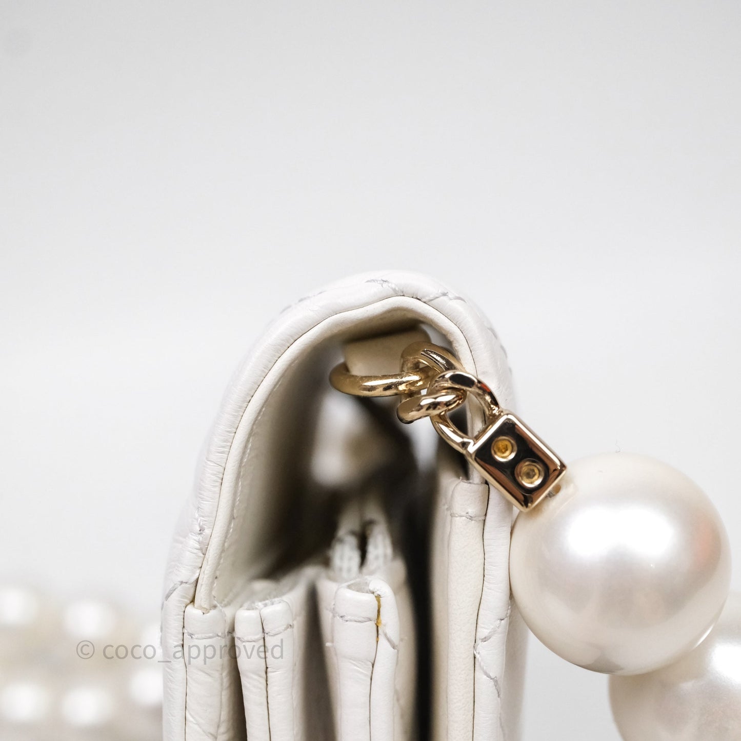 Chanel Mini Wallet On Large Pearl Chain WOC Quilted White Lambskin Gold Hardware