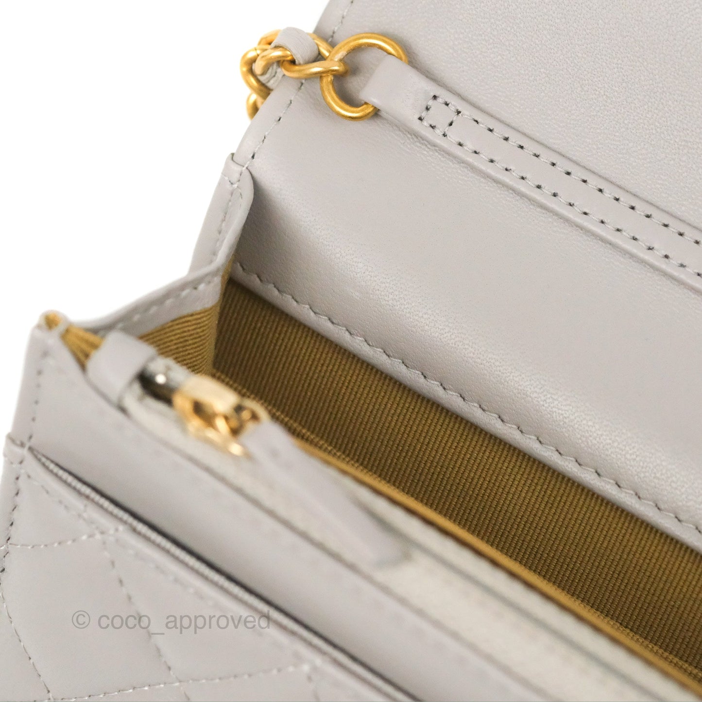 Chanel Quilted Pearl Crush Wallet on Chain WOC Light Grey Lambskin Aged Gold Hardware
