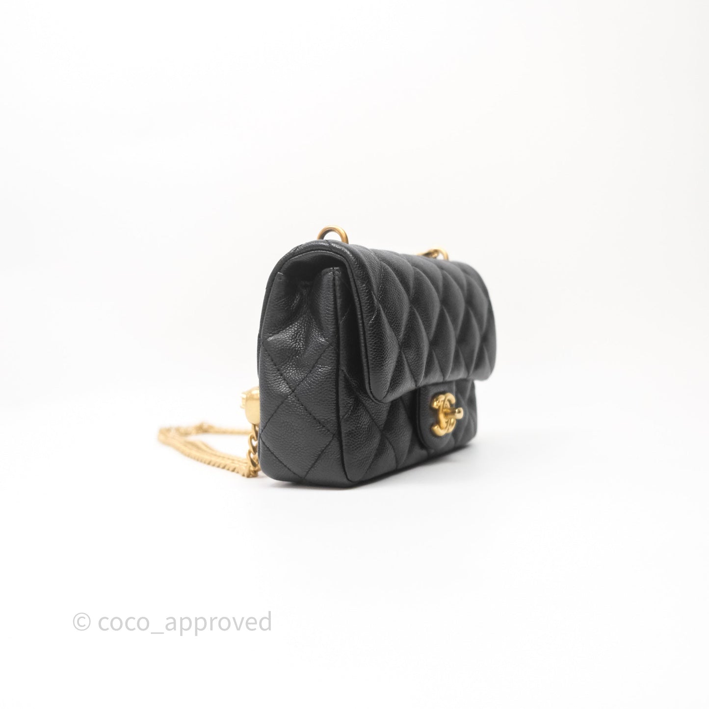 Chanel Mini Flap Bag Heart Adjustable Chain Black Caviar Aged Gold Hardware