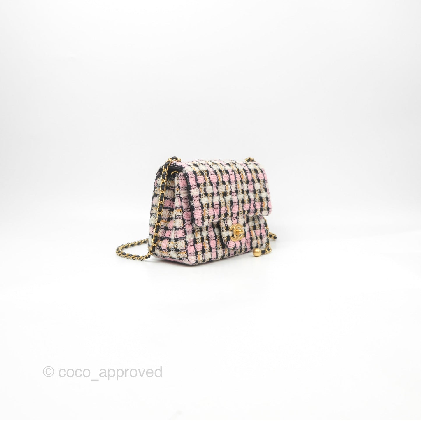 Chanel Pearl Crush Mini Square Quilted Pink Tweed Aged Gold Hardware