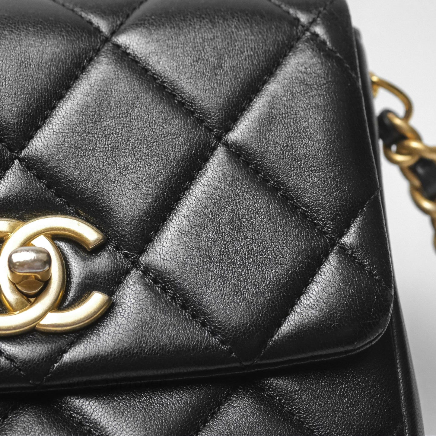 Chanel Logo Mini Square Flap Bag Black Lambskin Aged Gold Hardware 21B