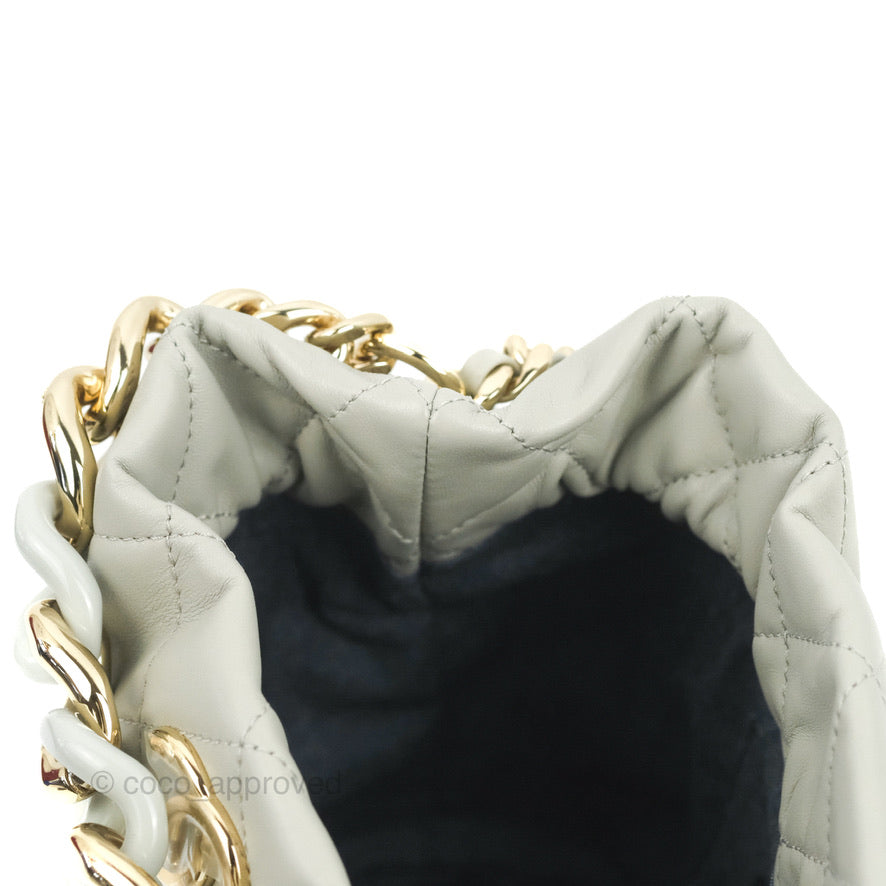 Chanel Quilted Drawstring Bucket Bag Grey Lambskin Gold Hardware 22C