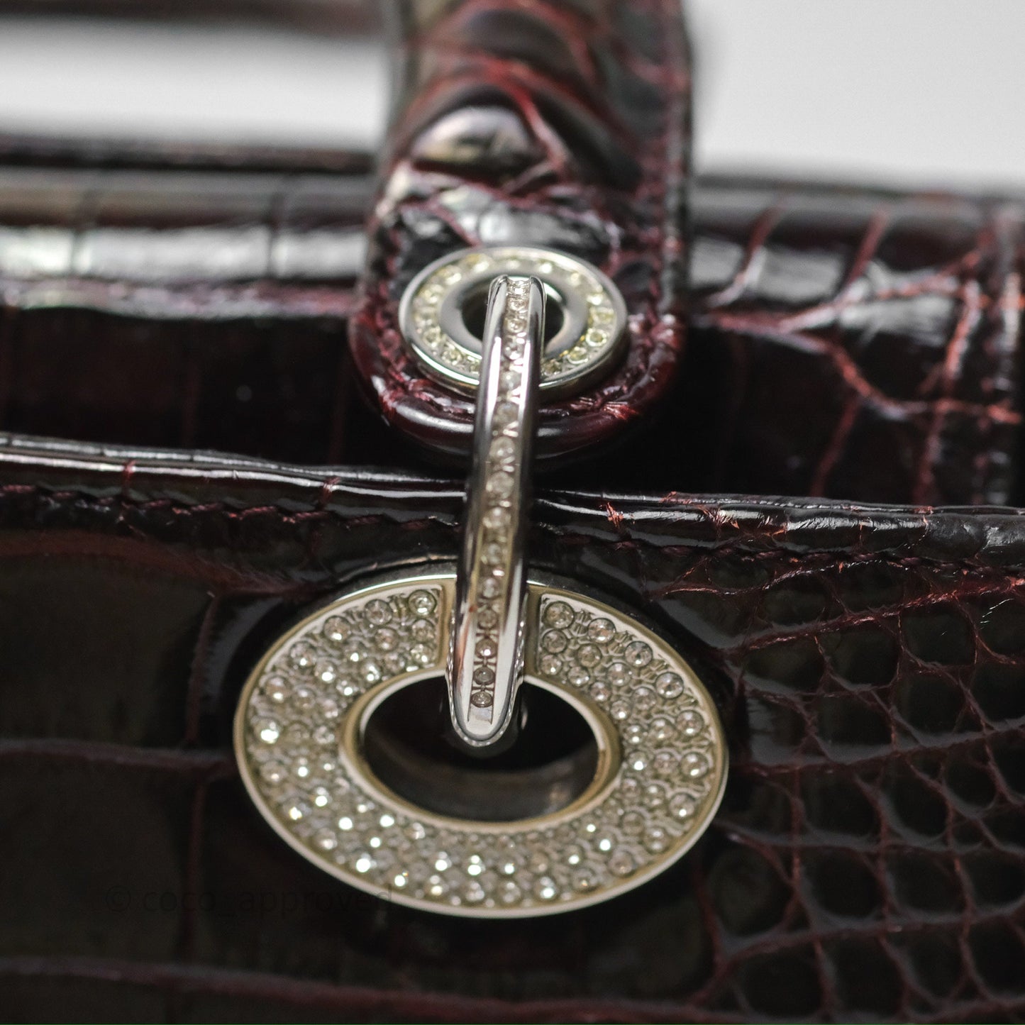 Christian Dior Small Lady Dior Shiny Crocodile Burgundy Diamond Hardware