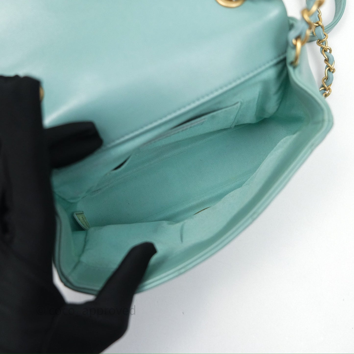 Chanel Quilted Small Circular Handle Bag Mint Green Aged Gold Hardware