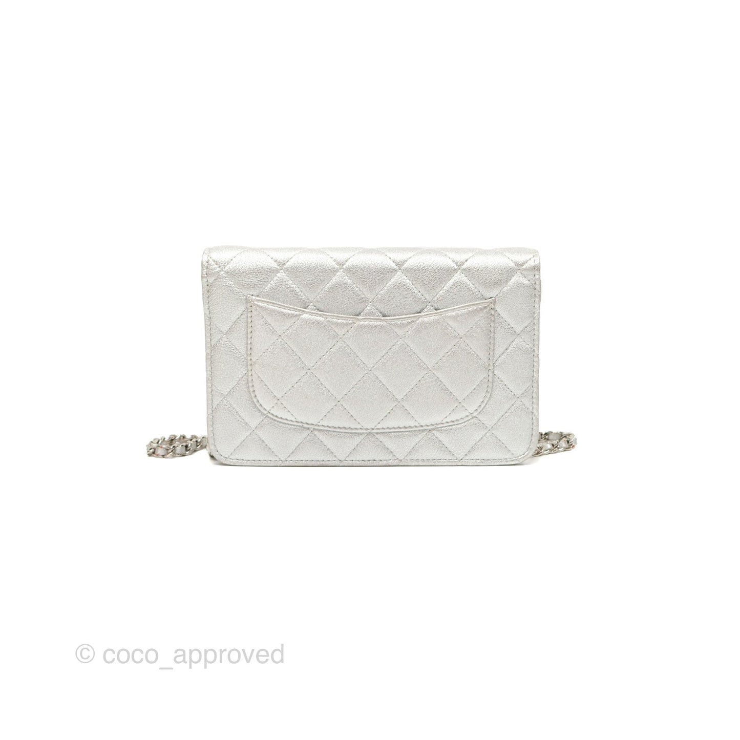Chanel Quilted Wallet on Chain WOC Iridescent Silver Grained Lambskin Silver Hardware