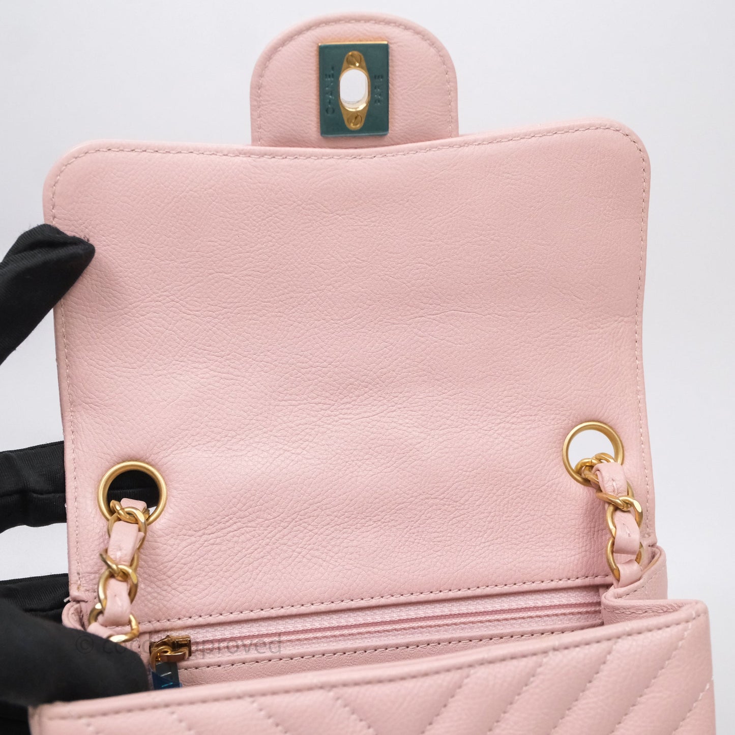 Chanel Mini Square Chevron Pink Calfskin Aged Gold Hardware