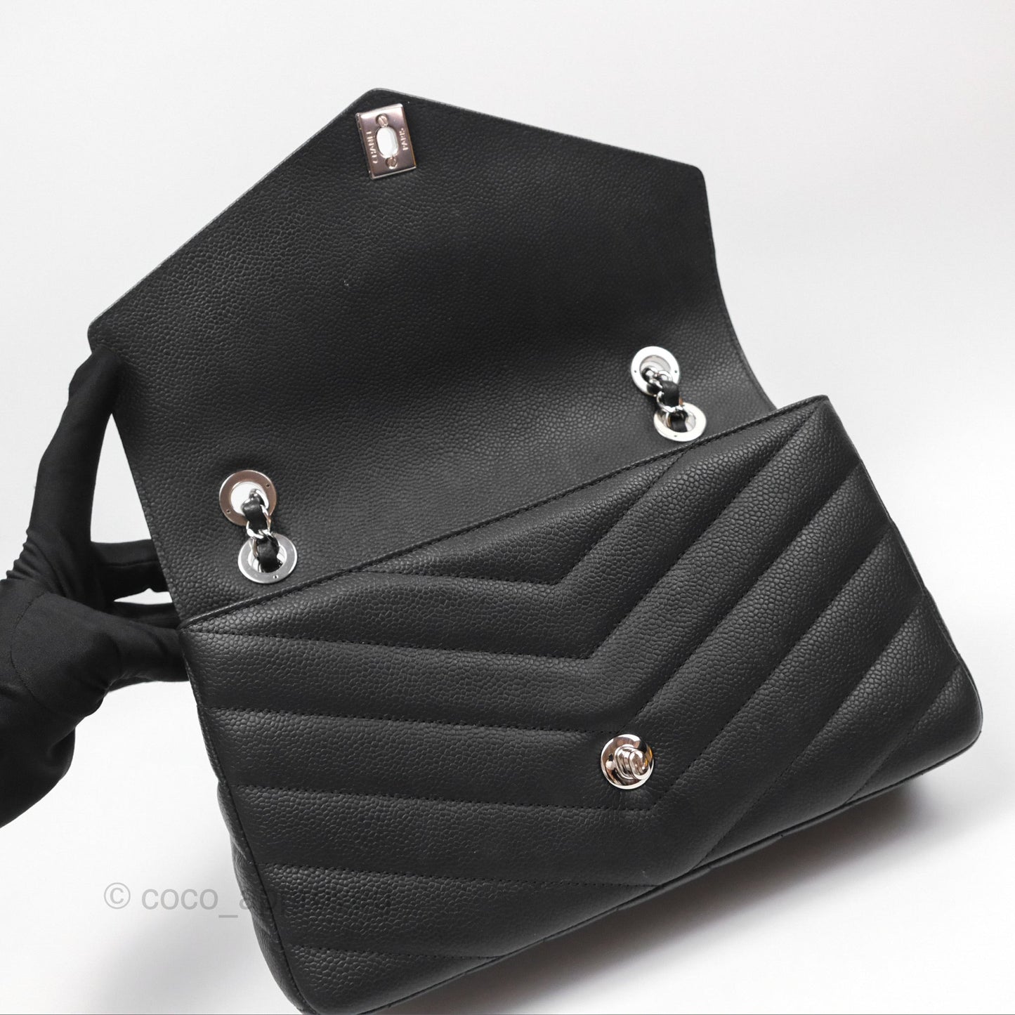 Chanel Chevron Flap Bag Black Caviar Silver Hardware