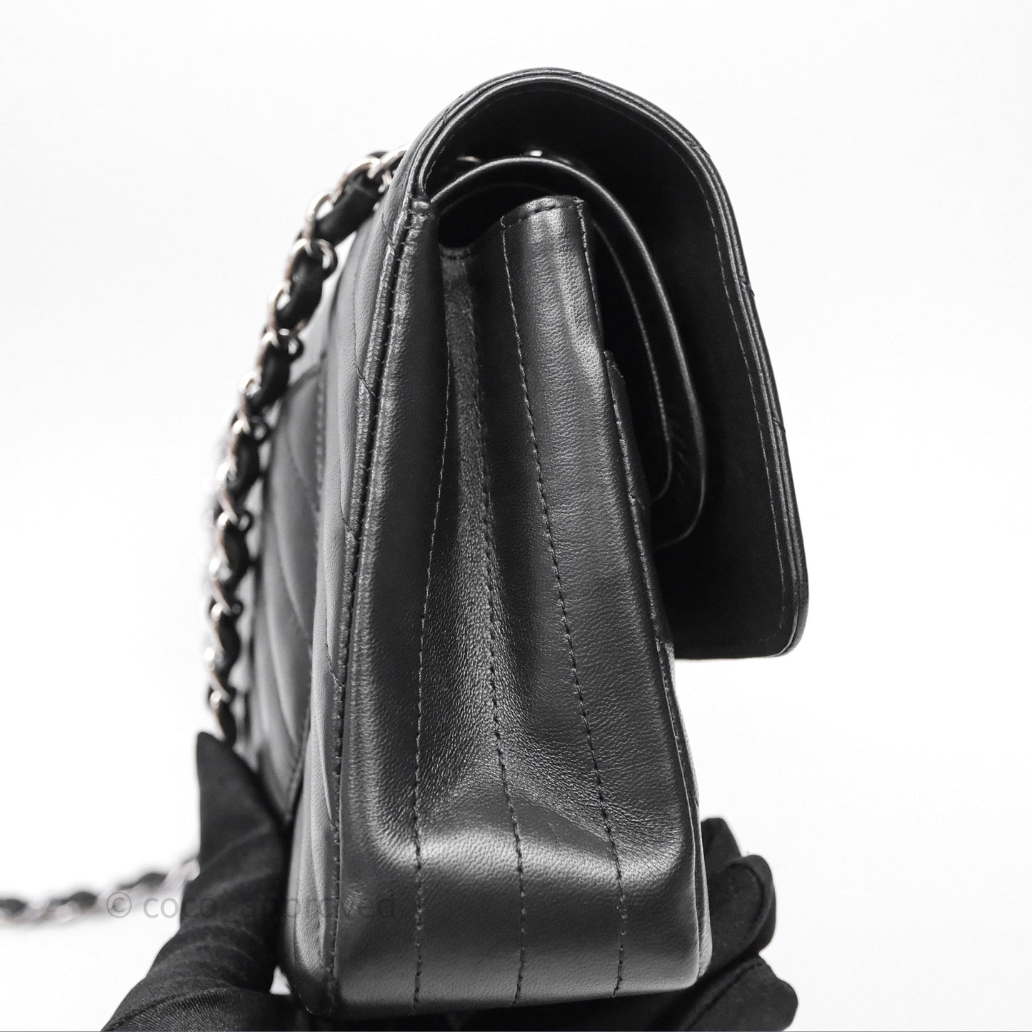 Chanel Classic M/L Medium Flap Chevron Black Lambskin Silver Hardware