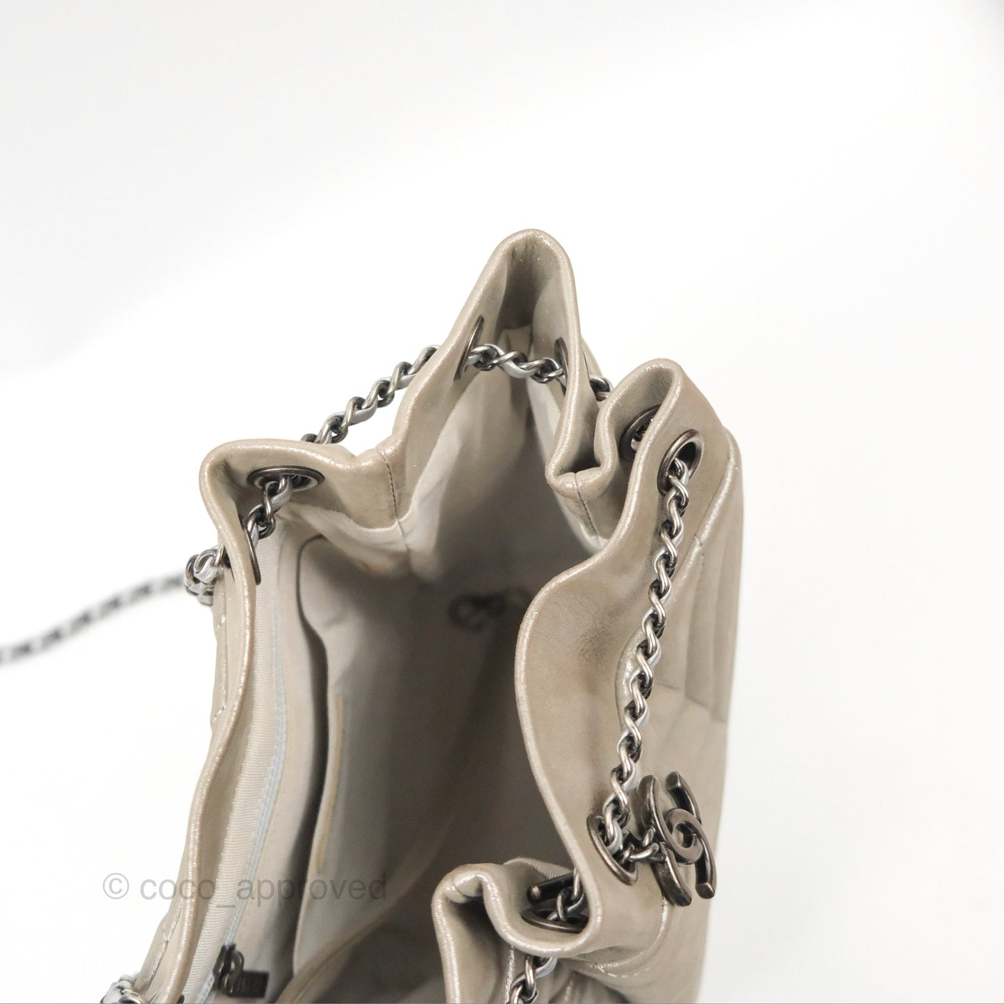 Chanel Small Urban Spirit Drawstring Bag Chevron Iridescent Silver Calfskin