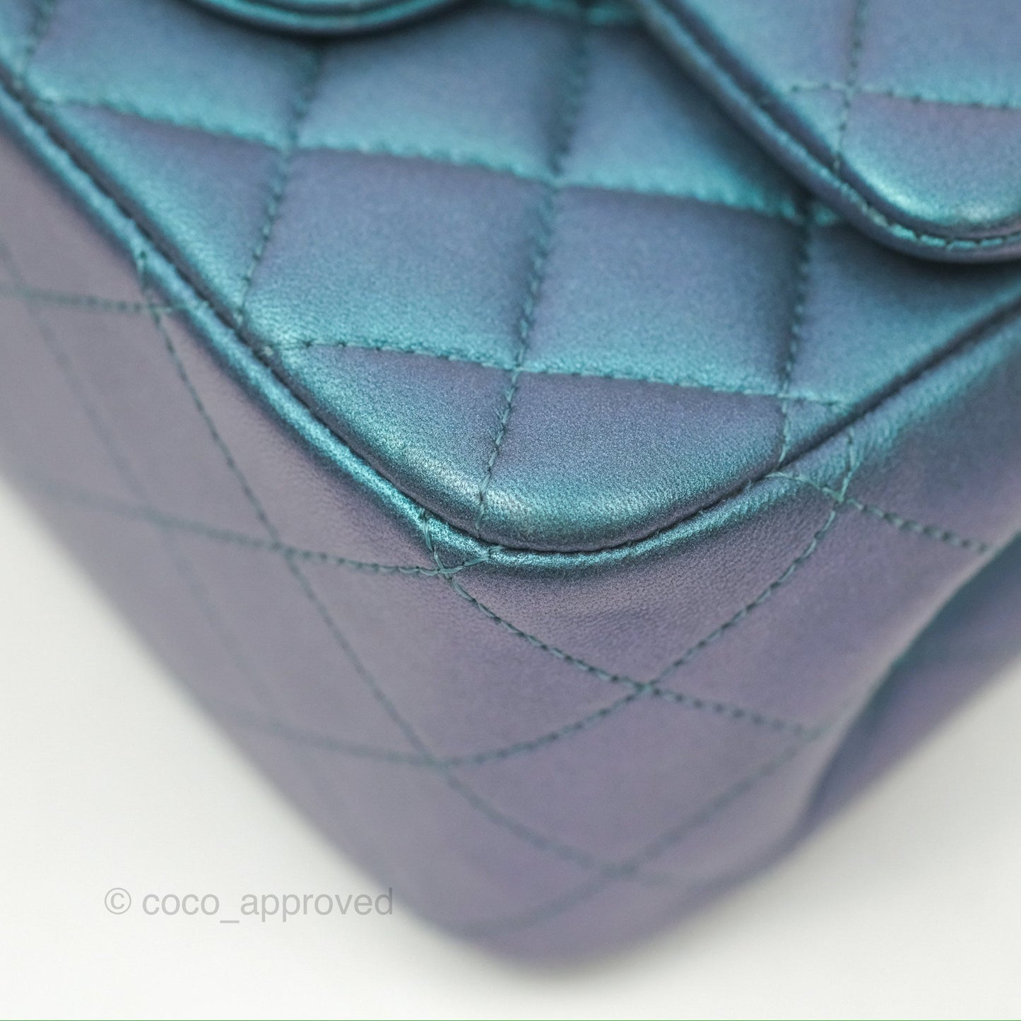 Chanel Mini Square Flap Quilted Iridescent Teal Lambskin Gun Metal
