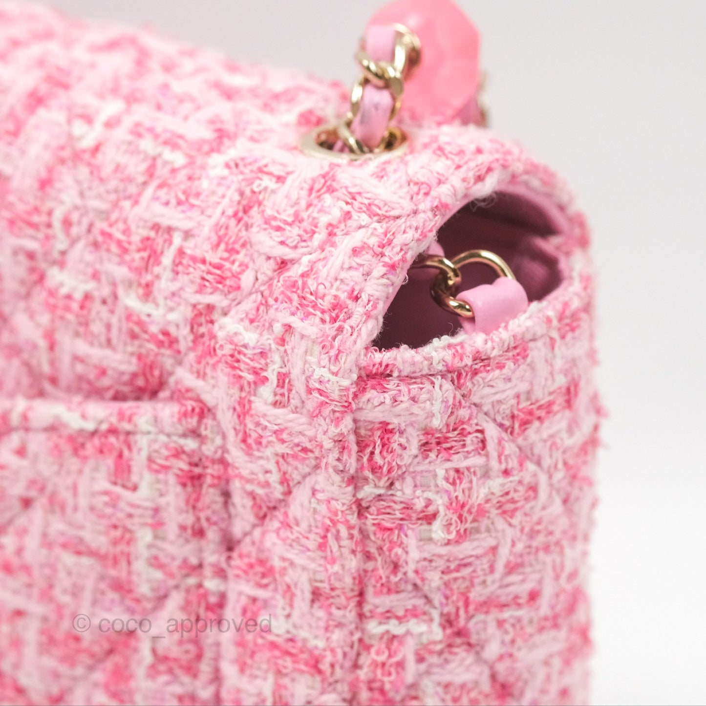 Chanel Flap Bag with Heart Resin Charm Chain Pink Tweed Gold Hardware