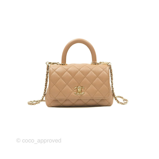 Chanel Mini Coco Handle Quilted Beige Caviar Gold Hardware