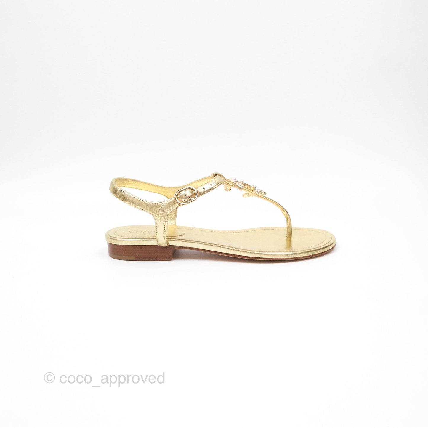 Chanel CC  Gold Metallic Leather Stone Thong Sandals Size 35