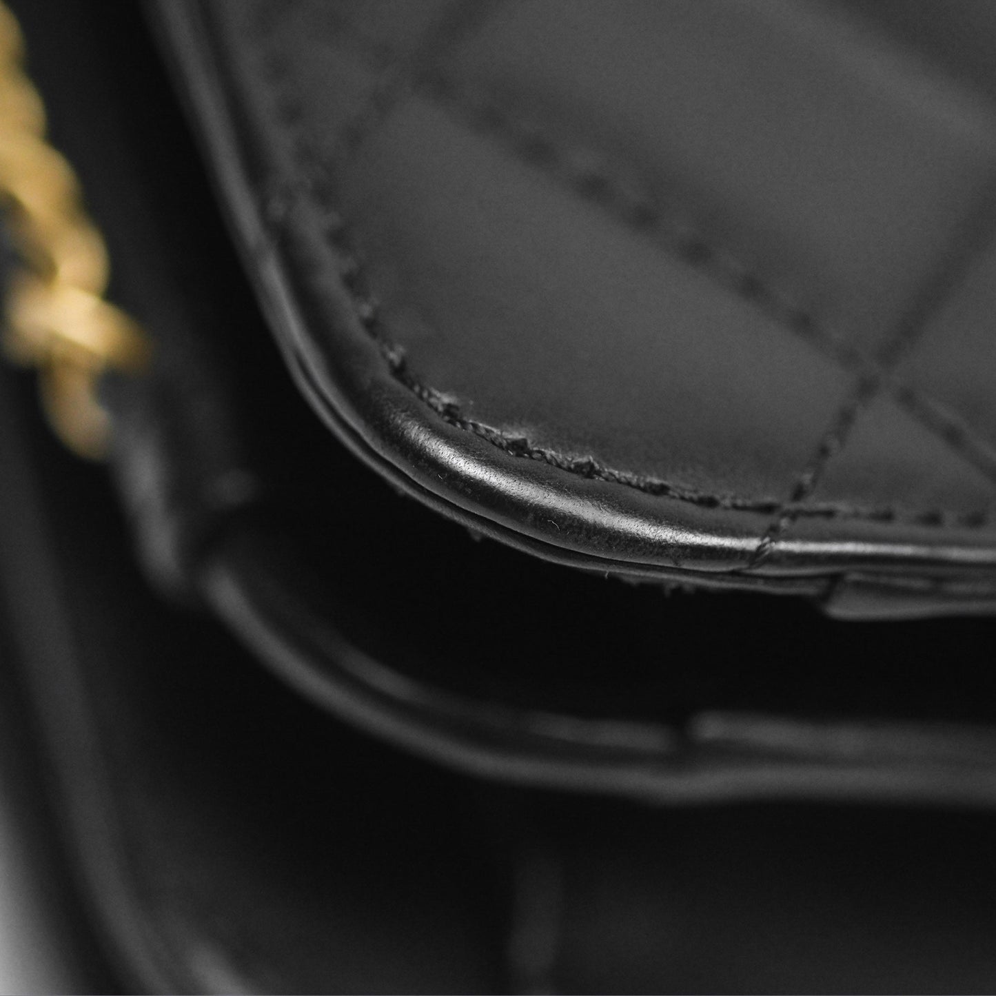 Chanel Quilted Side Chain Flap Bag Black Calfskin Aged Gold Hardware