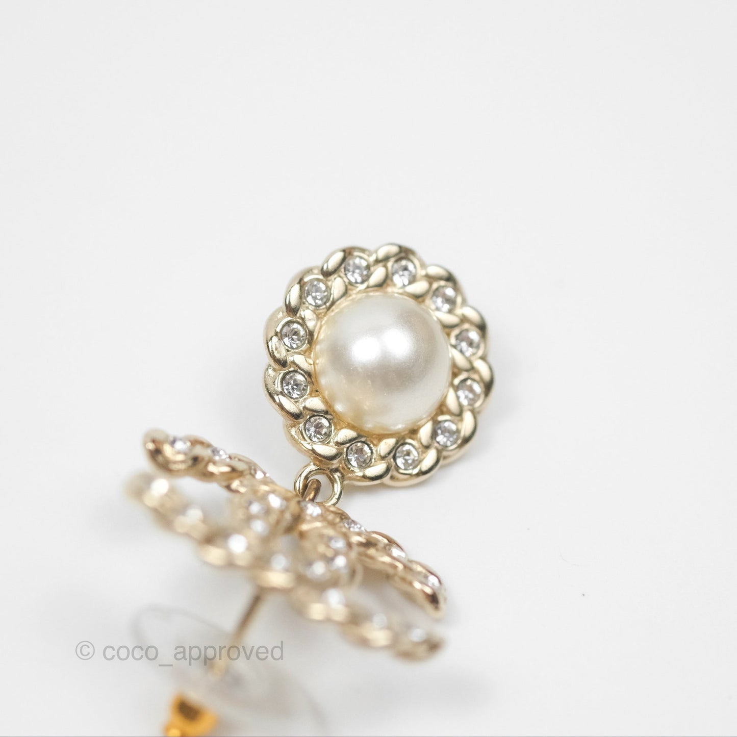 Chanel Crystal CC Pearl Drop Earrings Gold Tone 19P