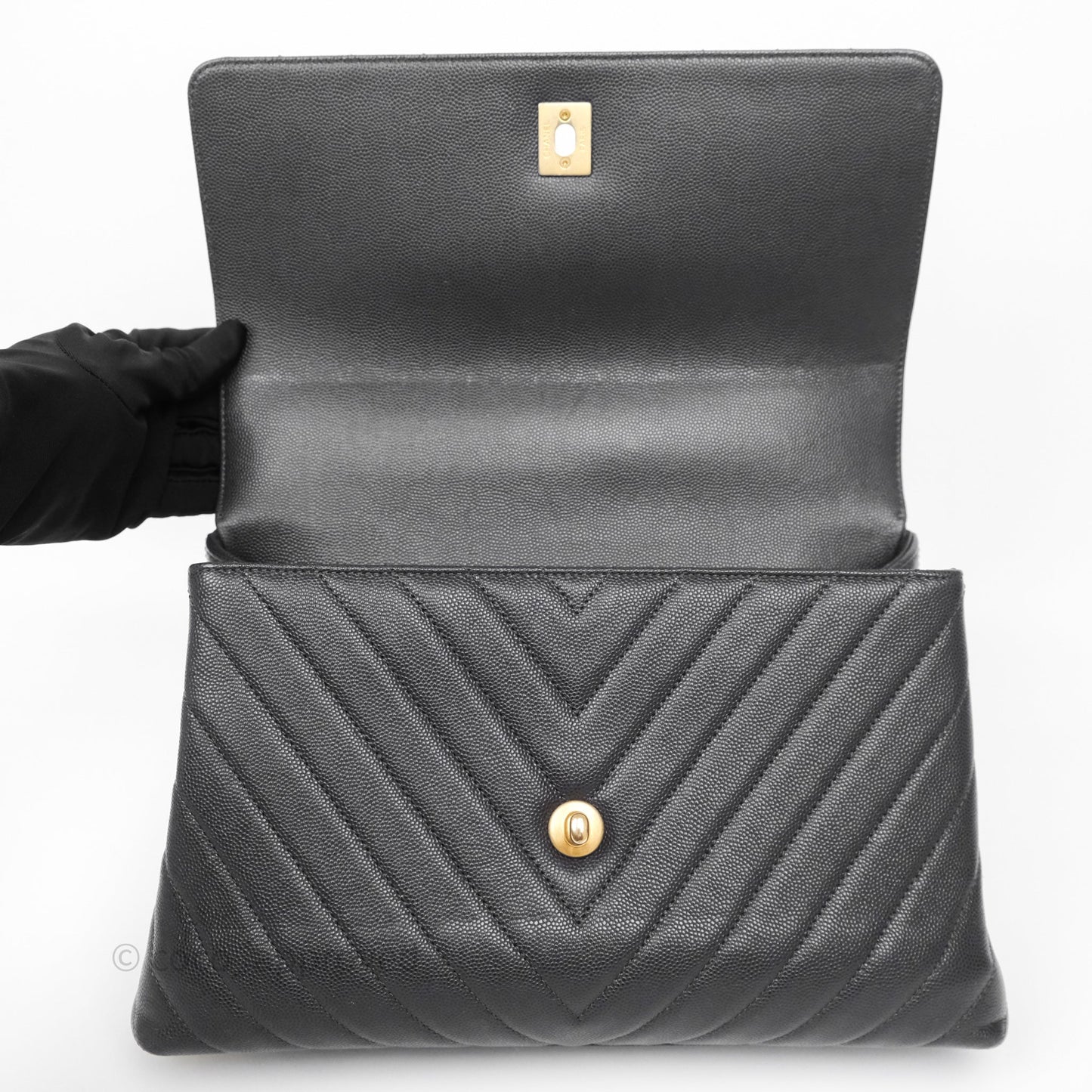 Chanel Medium Coco Handle Chevron Dark Grey Caviar Aged Gold Hardware
