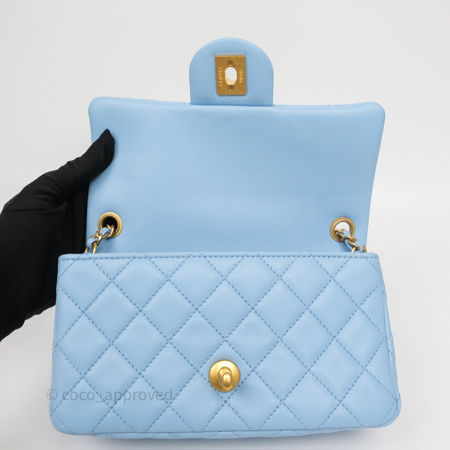 Chanel Mini Rectangular Pearl Crush Quilted Sky Blue Lambskin Aged Gold Hardware