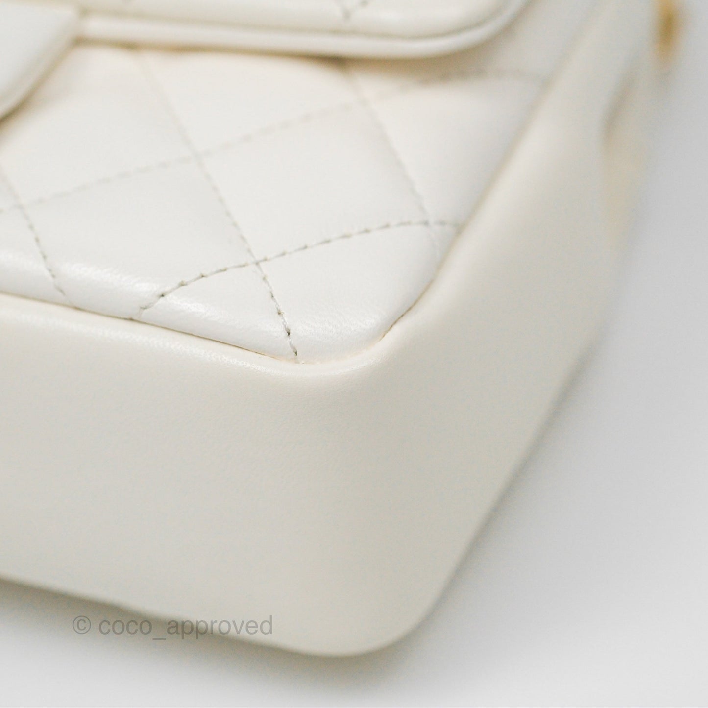Chanel Pearl Chain Mini Flap Bag White Lambskin Aged Gold Hardware 24P