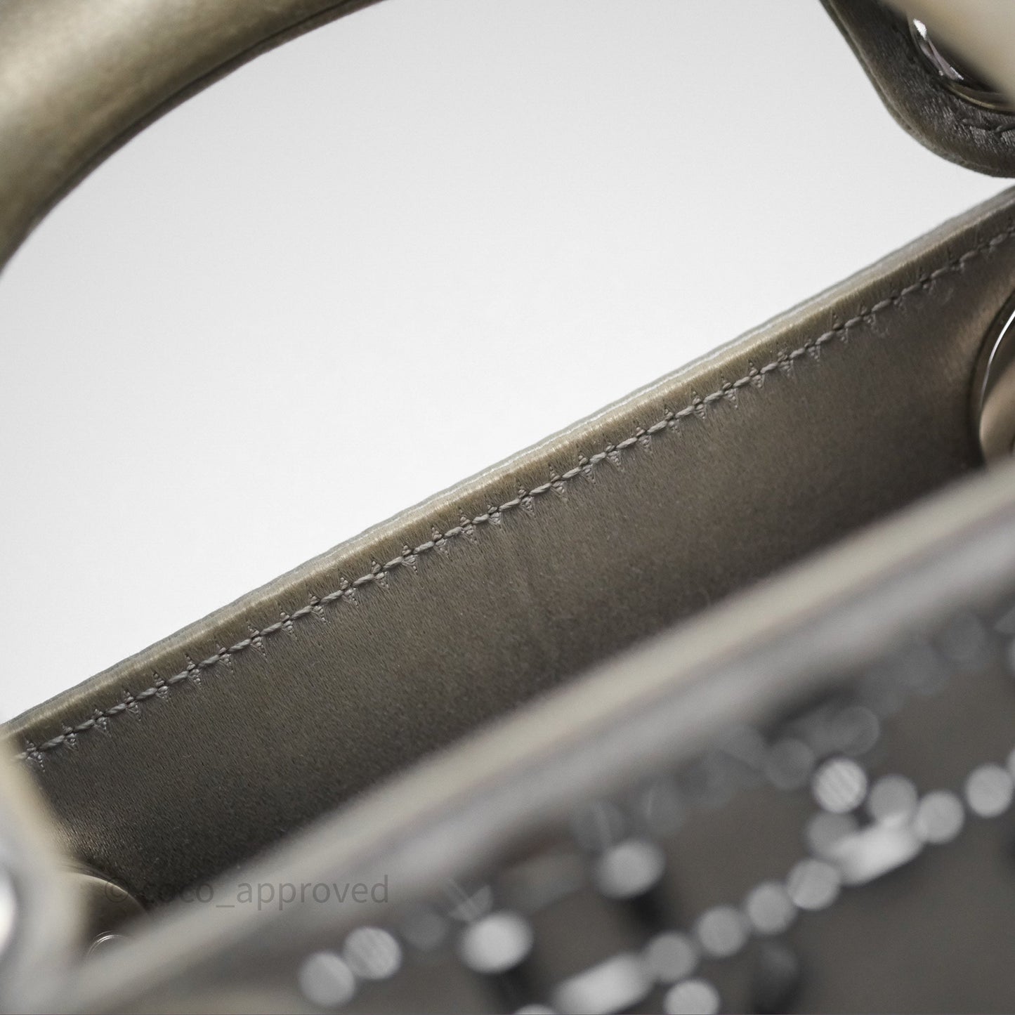 Christian Dior Mini Lady Dior Bag Grey Strass Cannage Satin Silver Hardware