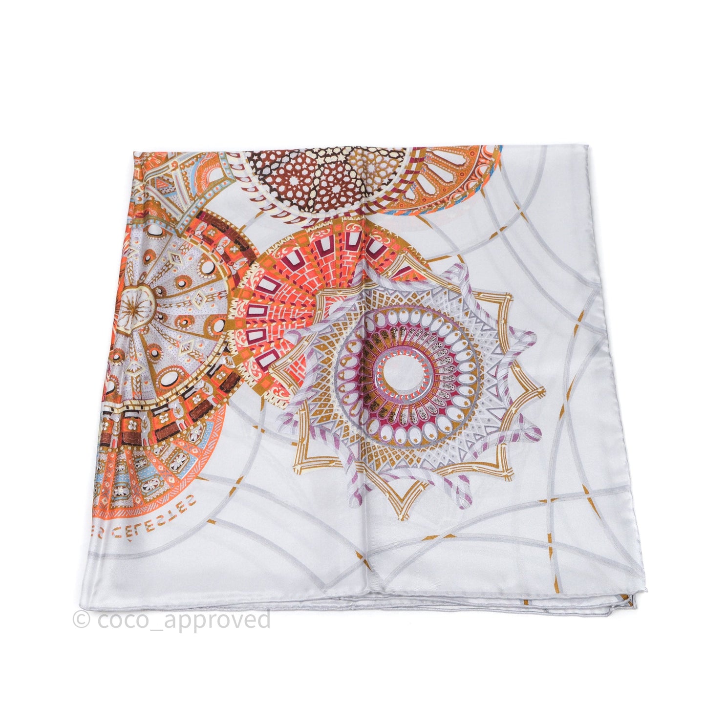 Hermes Les Domes Celestes Scarf 90 Gris Perles Orange Brun Silk Scarf