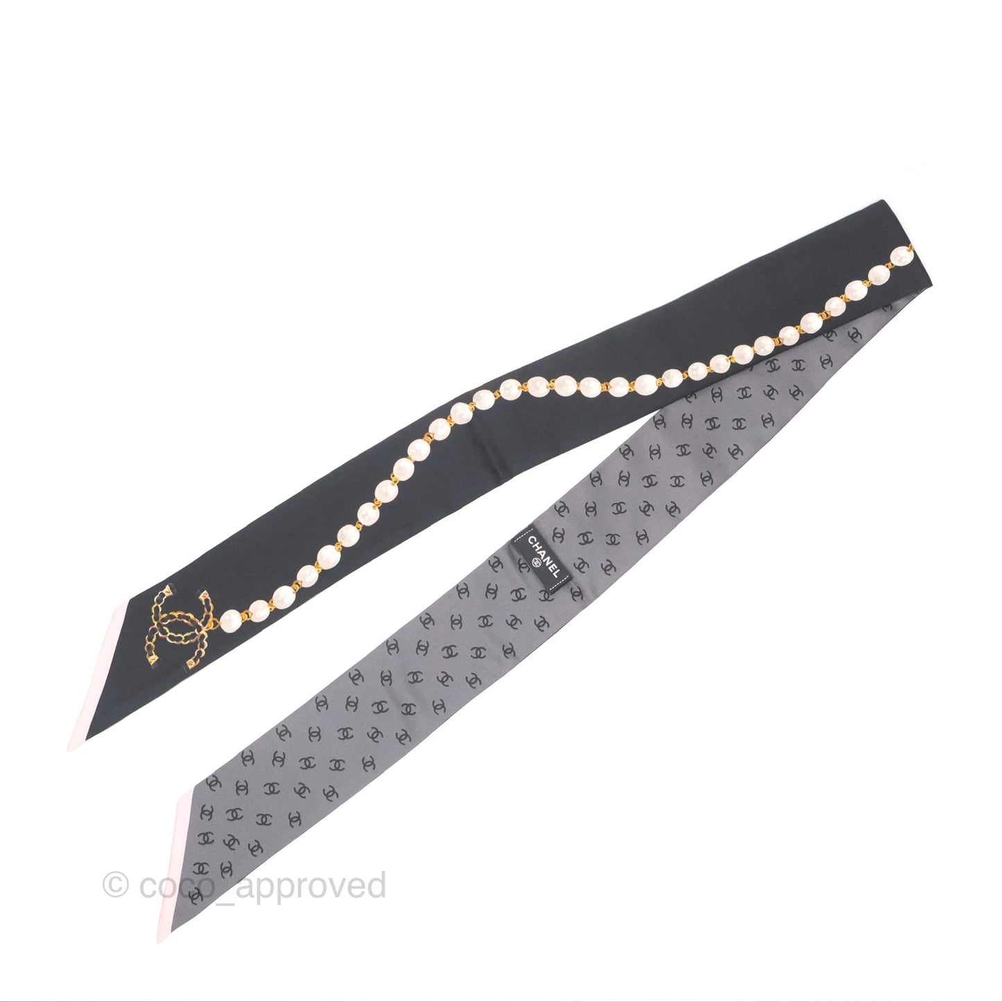 Chanel CC Pearl Print Silk Twilly Black Grey