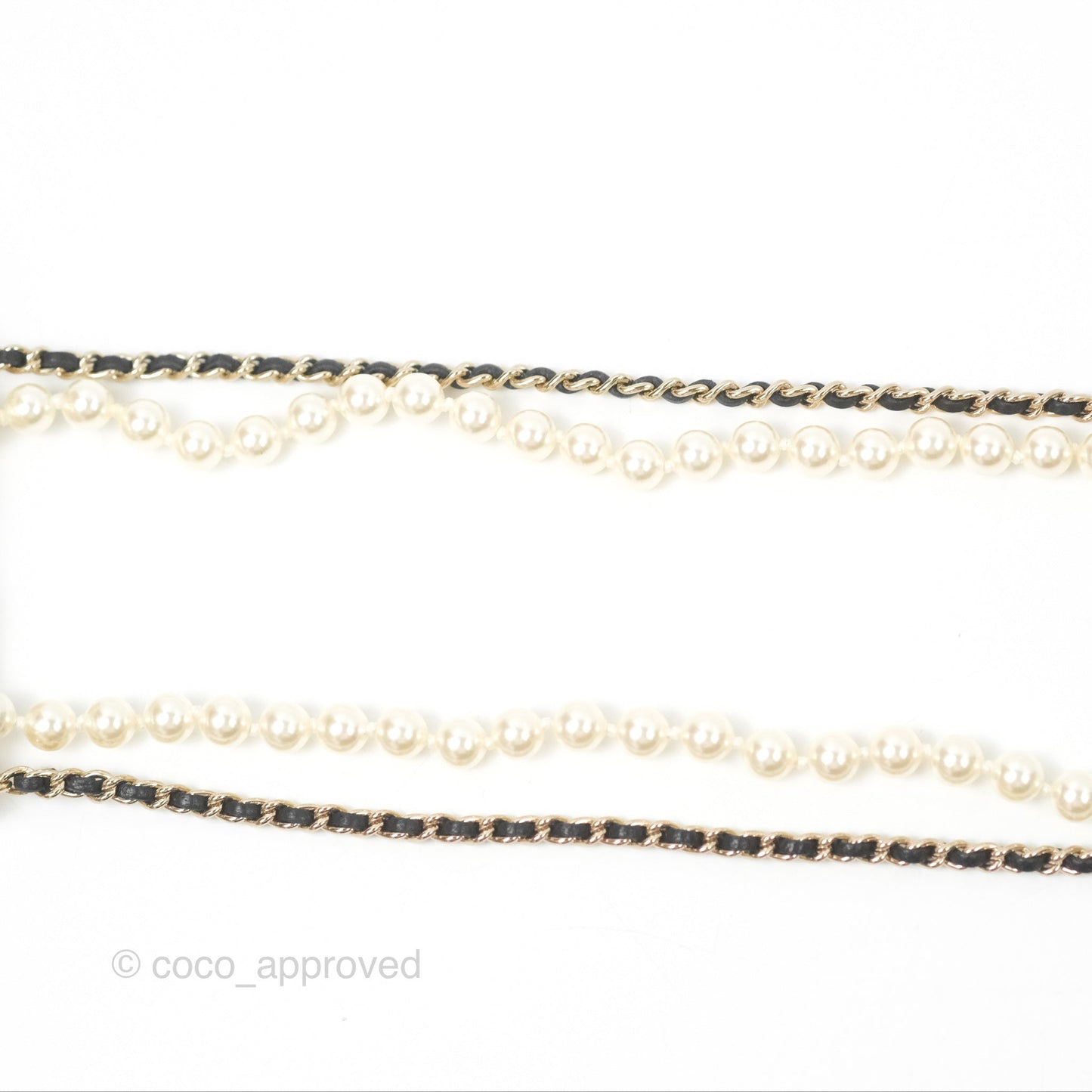 Chanel Flap Bag Charm Pearl Chain Black Leather Long Necklace Gold Tone 21S