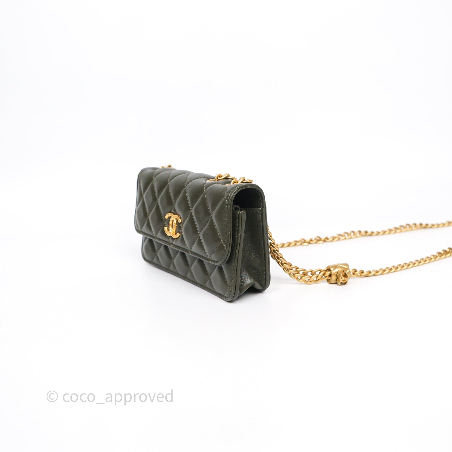 Chanel All Slide Adjustable Chain Phone Holder WOC Olive Green Lambskin