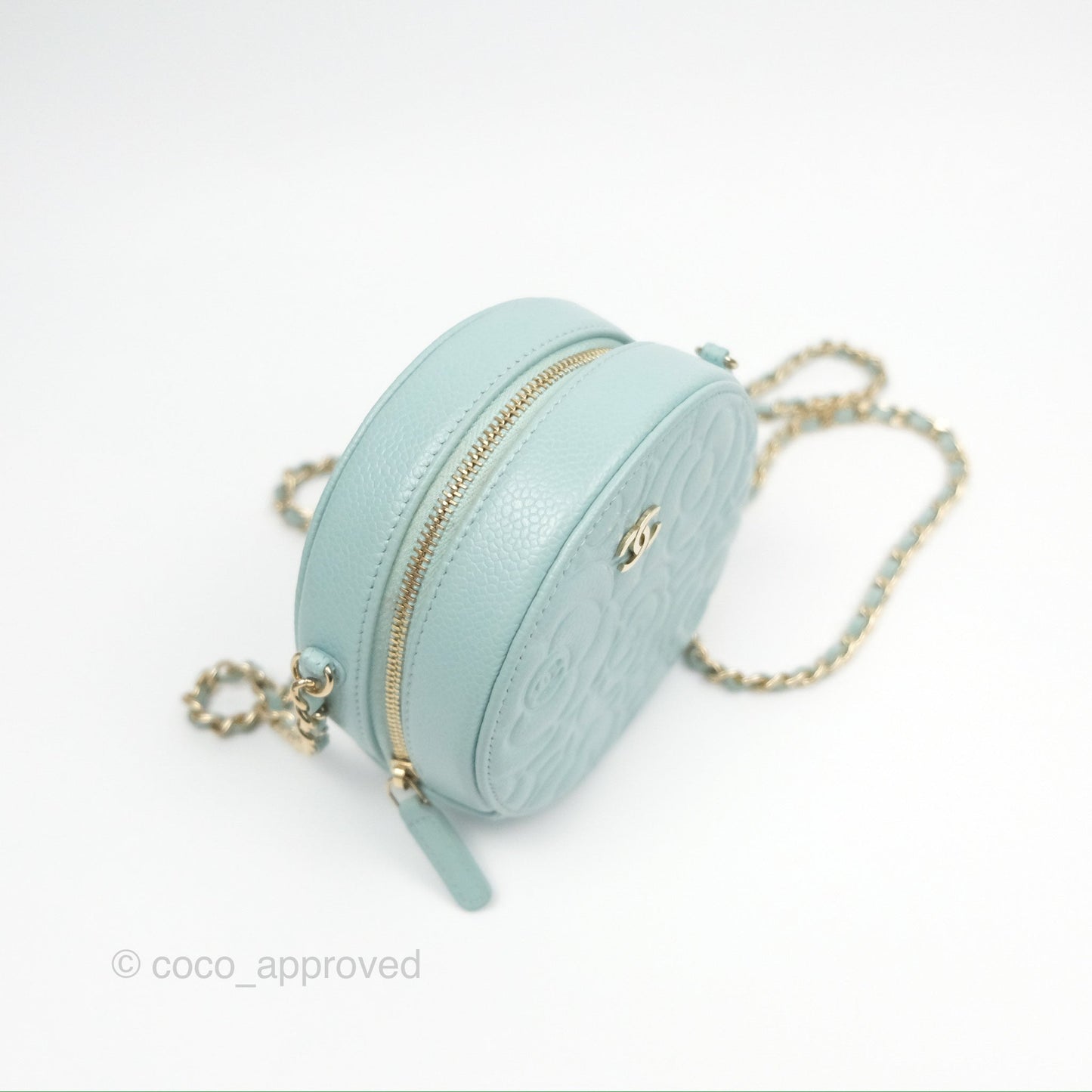 Chanel Camellia Embossed Round Clutch With Chain Light Tiffany Blue Caviar