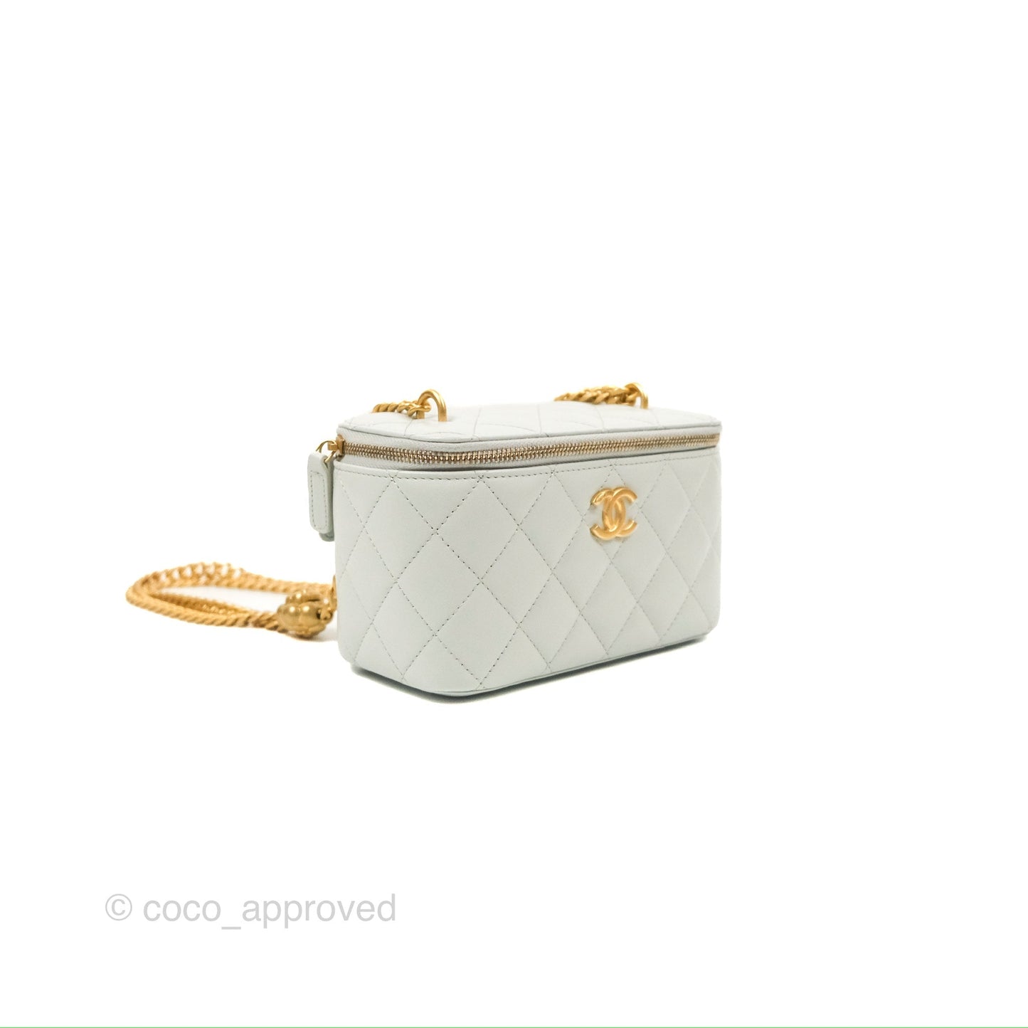 Chanel Quilted Vanity Rectangular with Camellia Adjustable Chain Light Blue Lambskin 23S