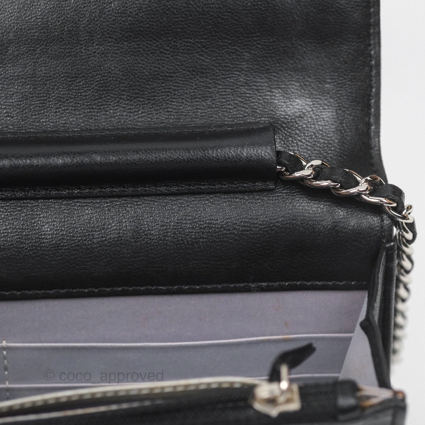 Chanel Camellia Embossed Wallet on Chain WOC Black Lambskin Silver Hardware