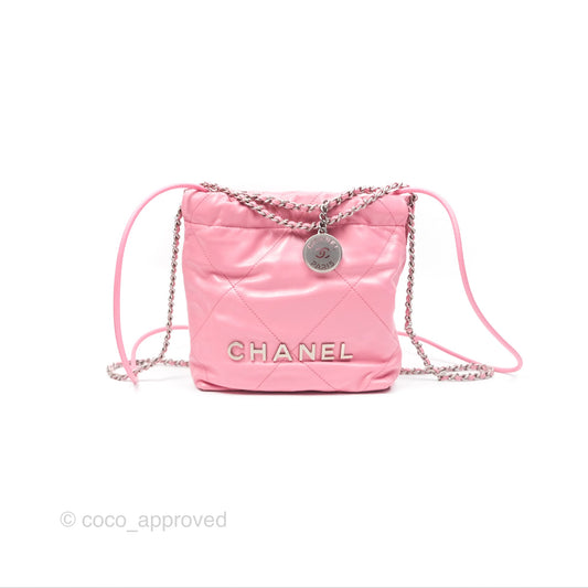 Chanel 22 Mini Bag Pink Crumpled Calfskin Aged Silver Hardware