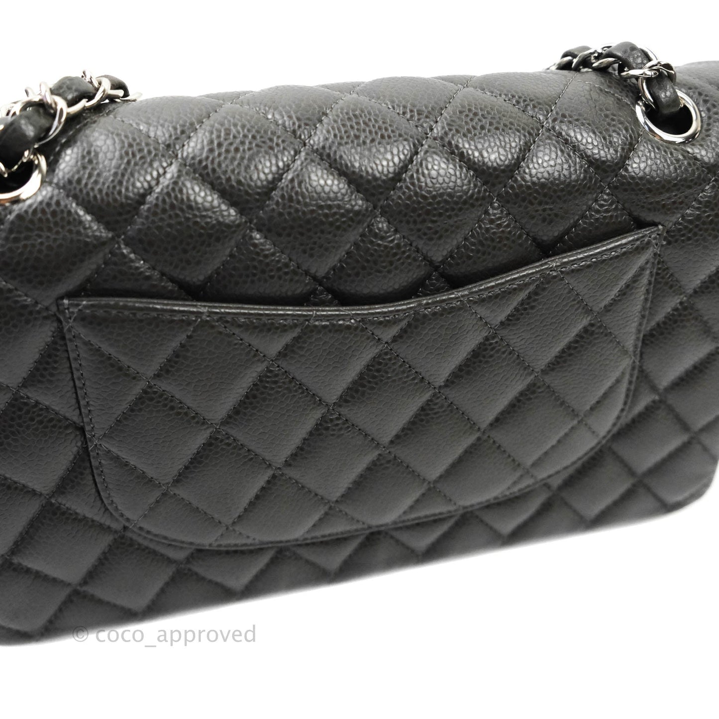 Chanel Quilted M/L Medium Double Flap Dark Grey Caviar Silver Hardware