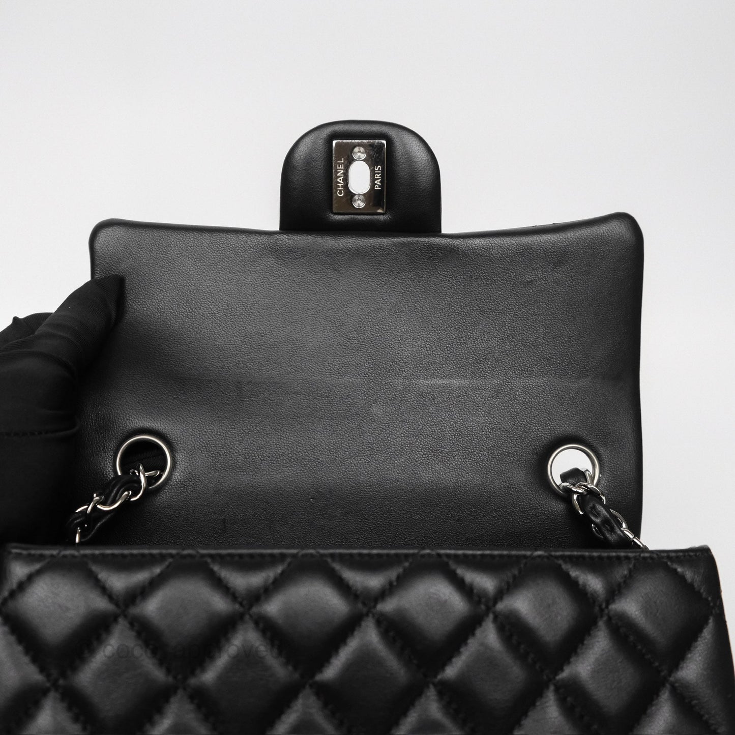 Chanel Quilted Mini Rectangular Flap Black Lambskin Silver Hardware