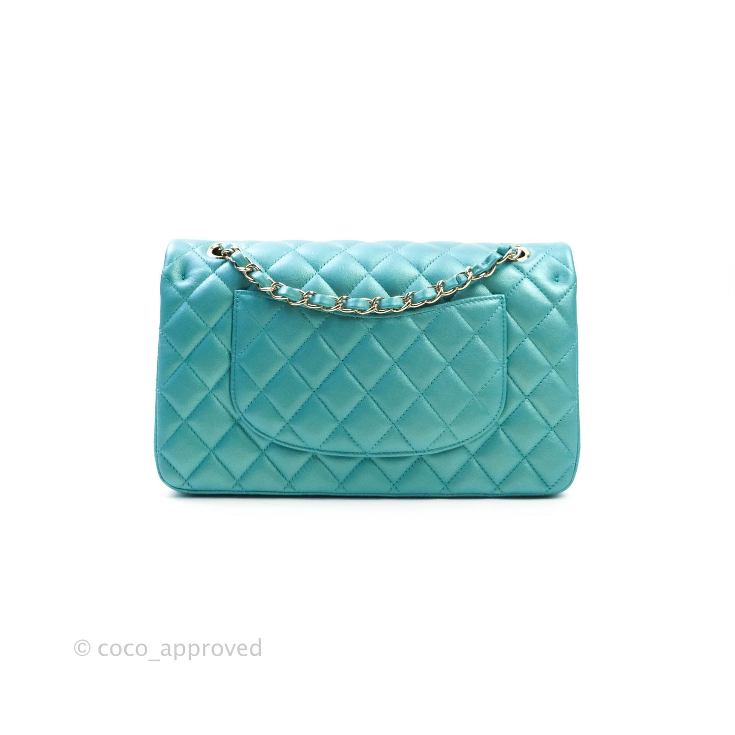 Chanel Classic M/L Medium Double Flap Iridescent Turquoise Calfskin Gold Hardware