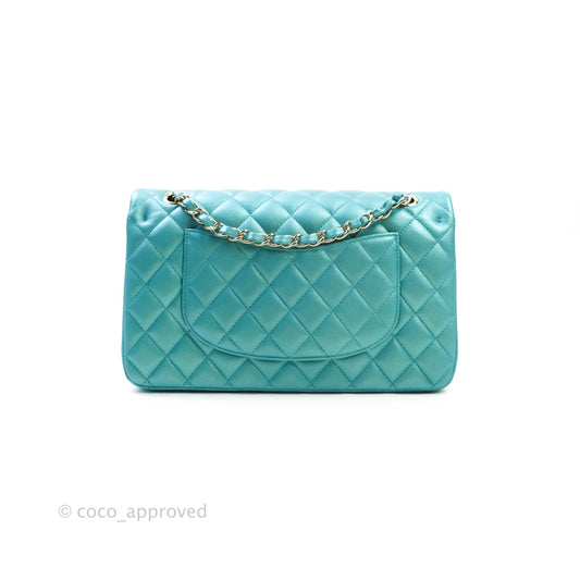 Chanel Classic M/L Medium Double Flap Iridescent Turquoise Calfskin Gold Hardware
