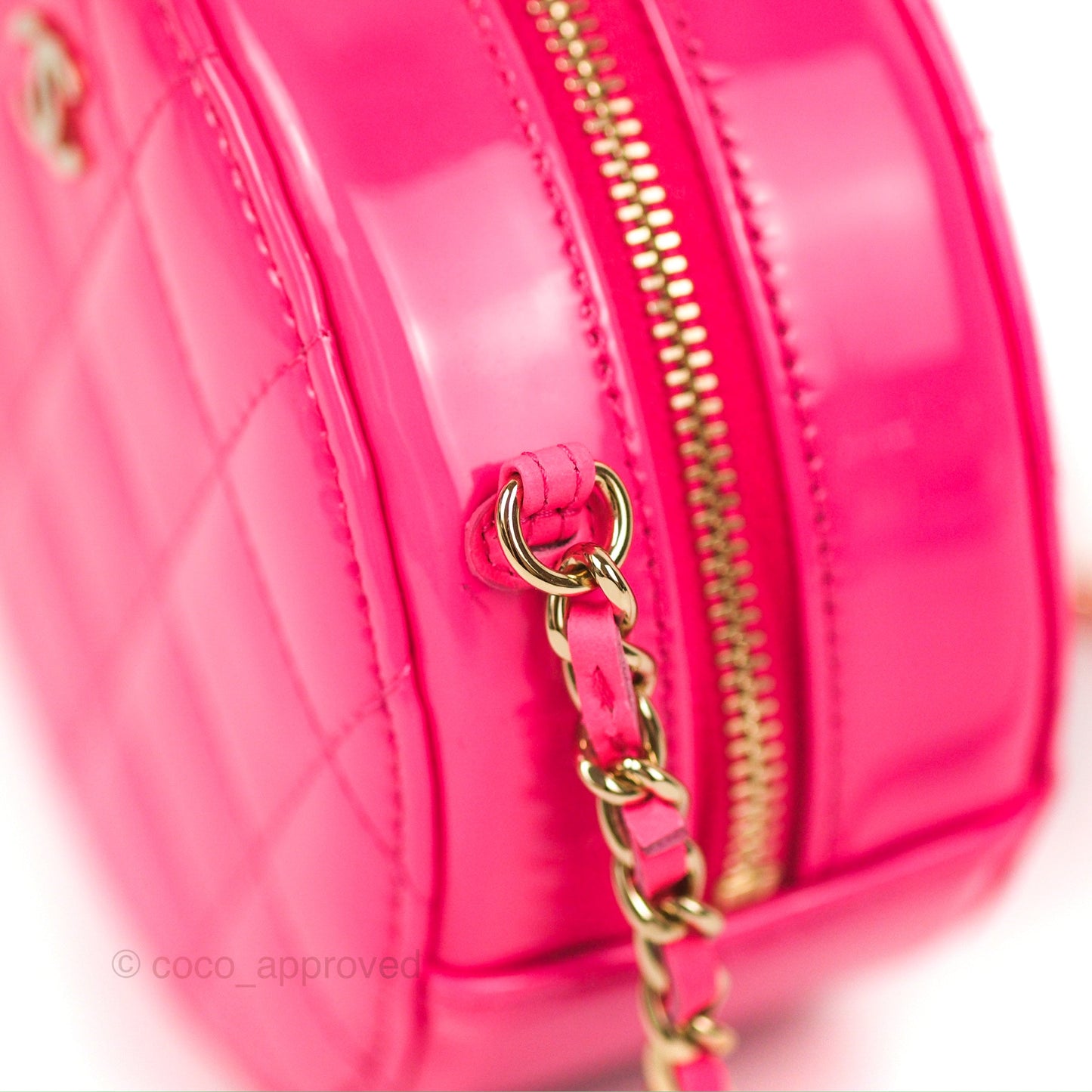 Chanel Classic Quilted Round Clutch Neon Pink Patent Gold Hardware