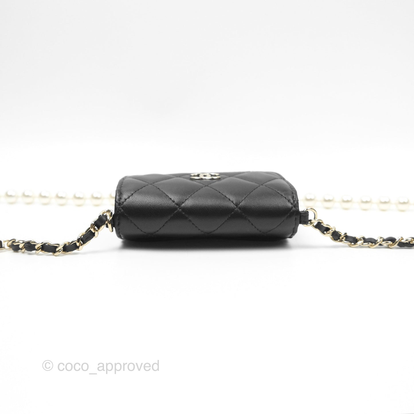Chanel Mini Clutch With Pearl Chain Black Lambskin Gold Hardware
