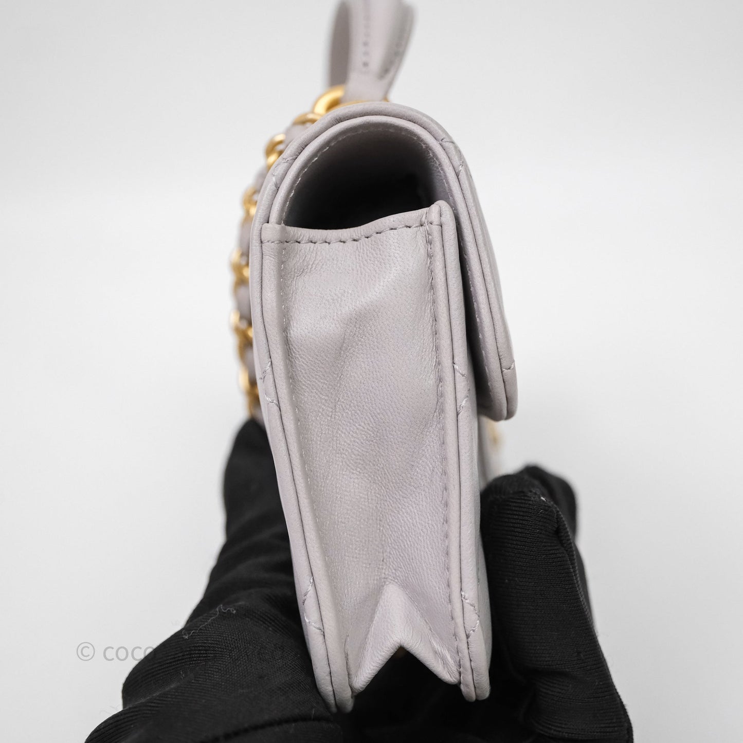 Chanel Mini Handle Flap Coin Purse With Chain Grey Lambskin Aged Gold Hardware
