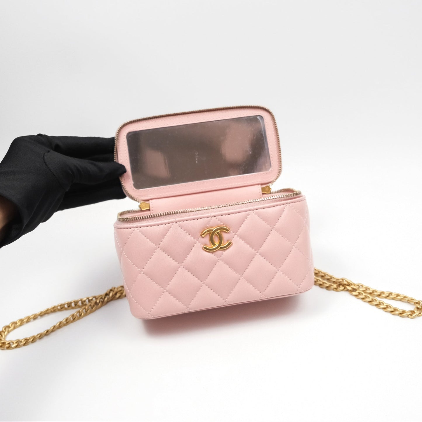 Chanel Quilted Vanity Rectangular with Camellia Adjustable Chain Pink Lambskin 23S