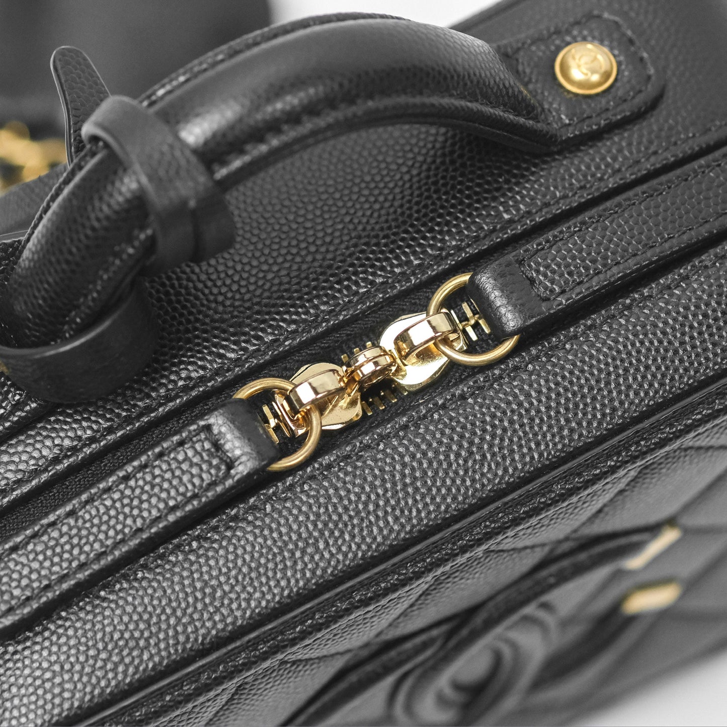 Chanel Quilted Small CC Filigree Vanity Case Black Caviar Aged Gold Hardware