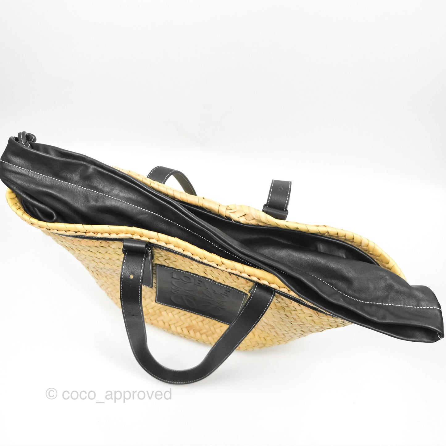 Loewe Woven Basket Bag Black Leather Natural Palm Leaf