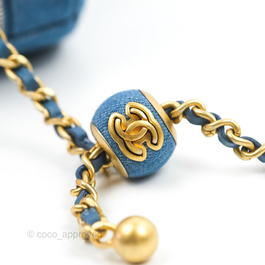 Chanel Quilted Pearl Crush Round Clutch With Chain Denim Aged Gold Hardware