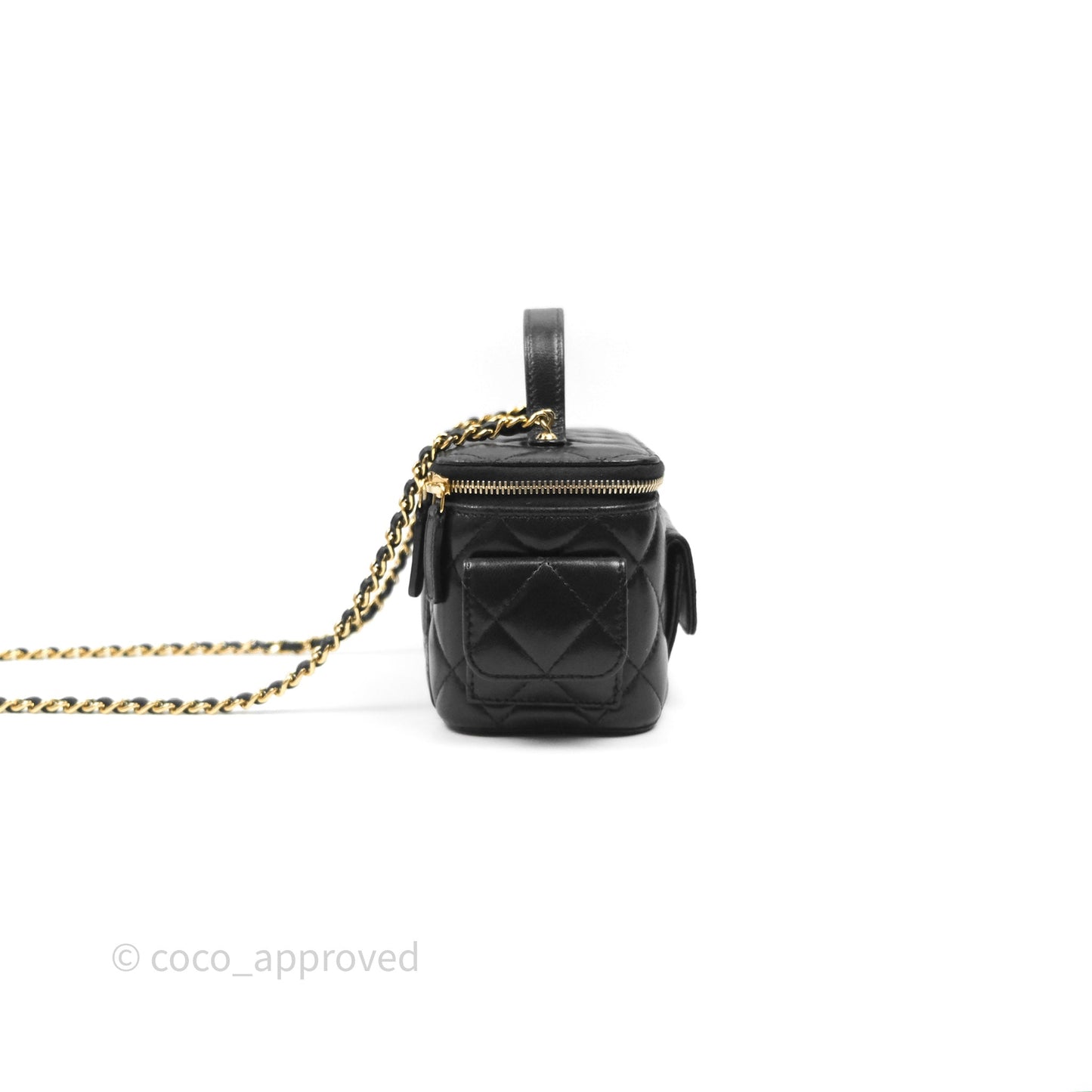 Chanel Cargo Pocket Top Handle Vanity with Chain Black Shiny Lambskin Gold Hardware 22K