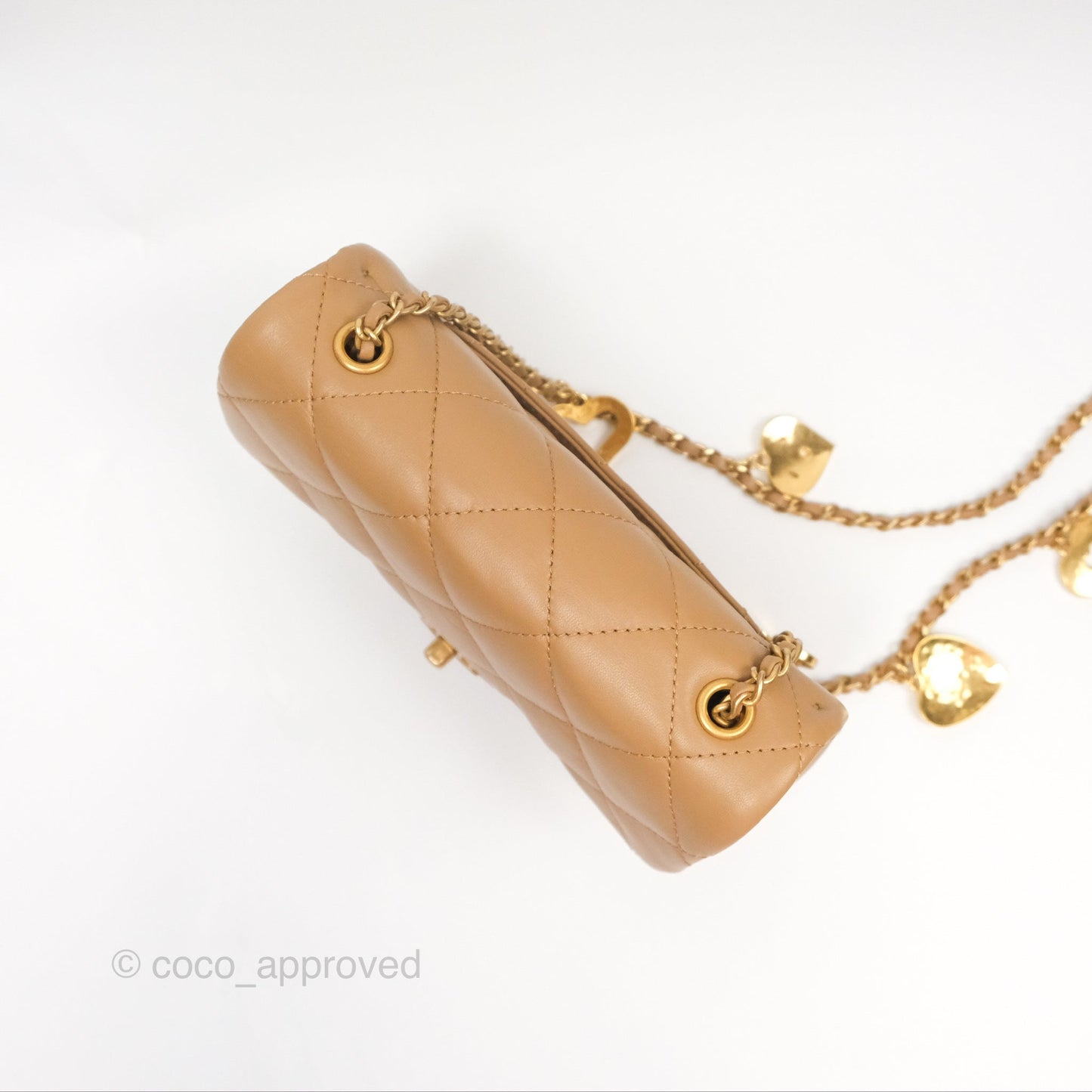 Chanel Mini Flap Bag With Heart CC Charm Beige Lambskin Aged Gold Hardware 22B