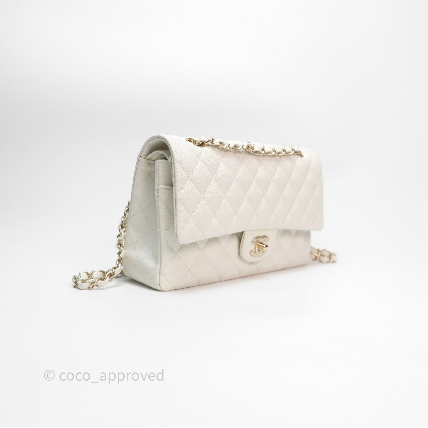 Chanel M/L Medium Classic Flap Quilted White Caviar Gold Hardware