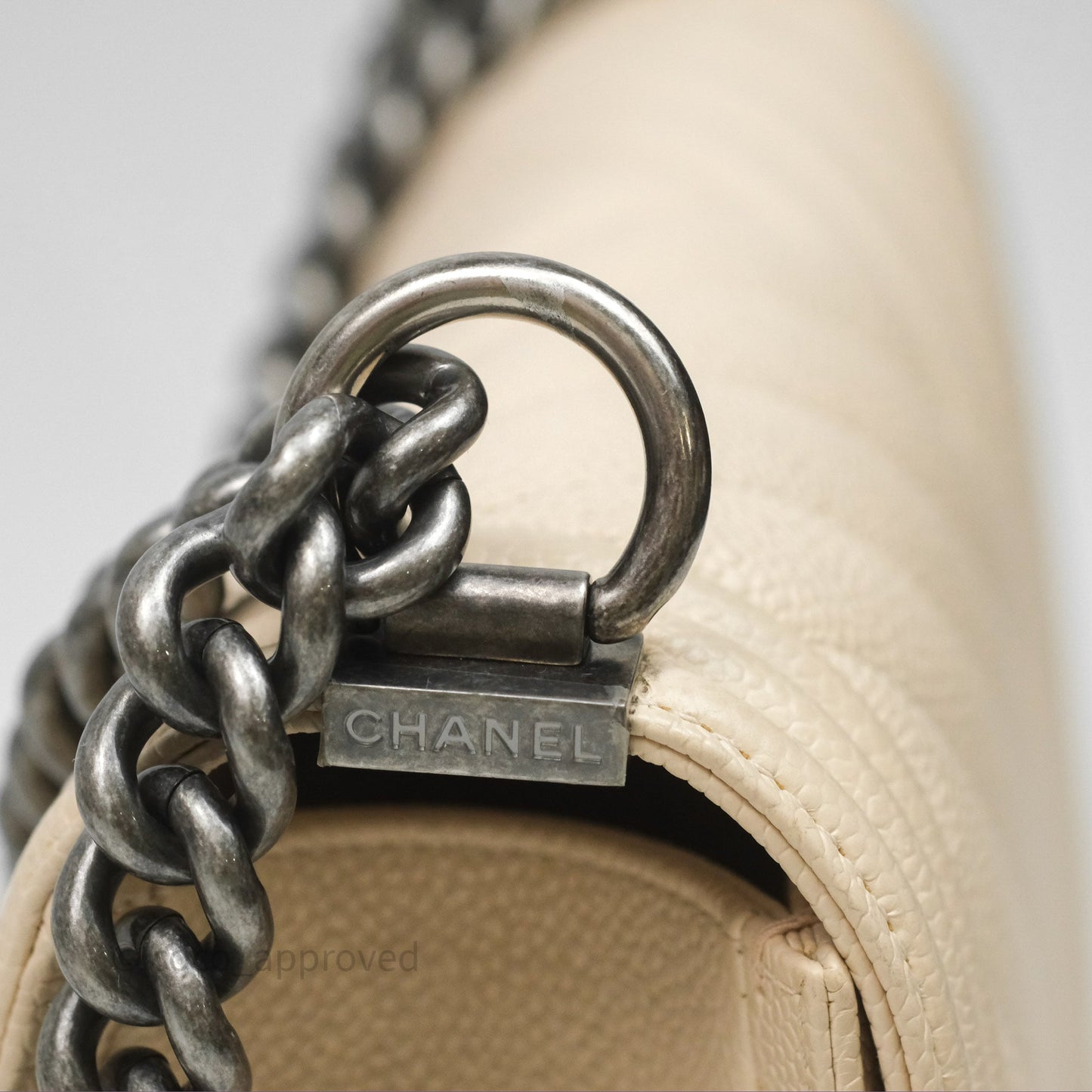 Chanel Medium Boy Chevron Beige Caviar Ruthenium Hardware