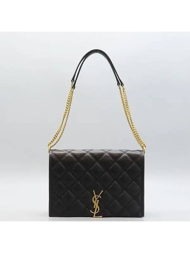 Luxury Saint Laurent 650769 Black leather monogram quilted gold chain mini Becky shoulder bag