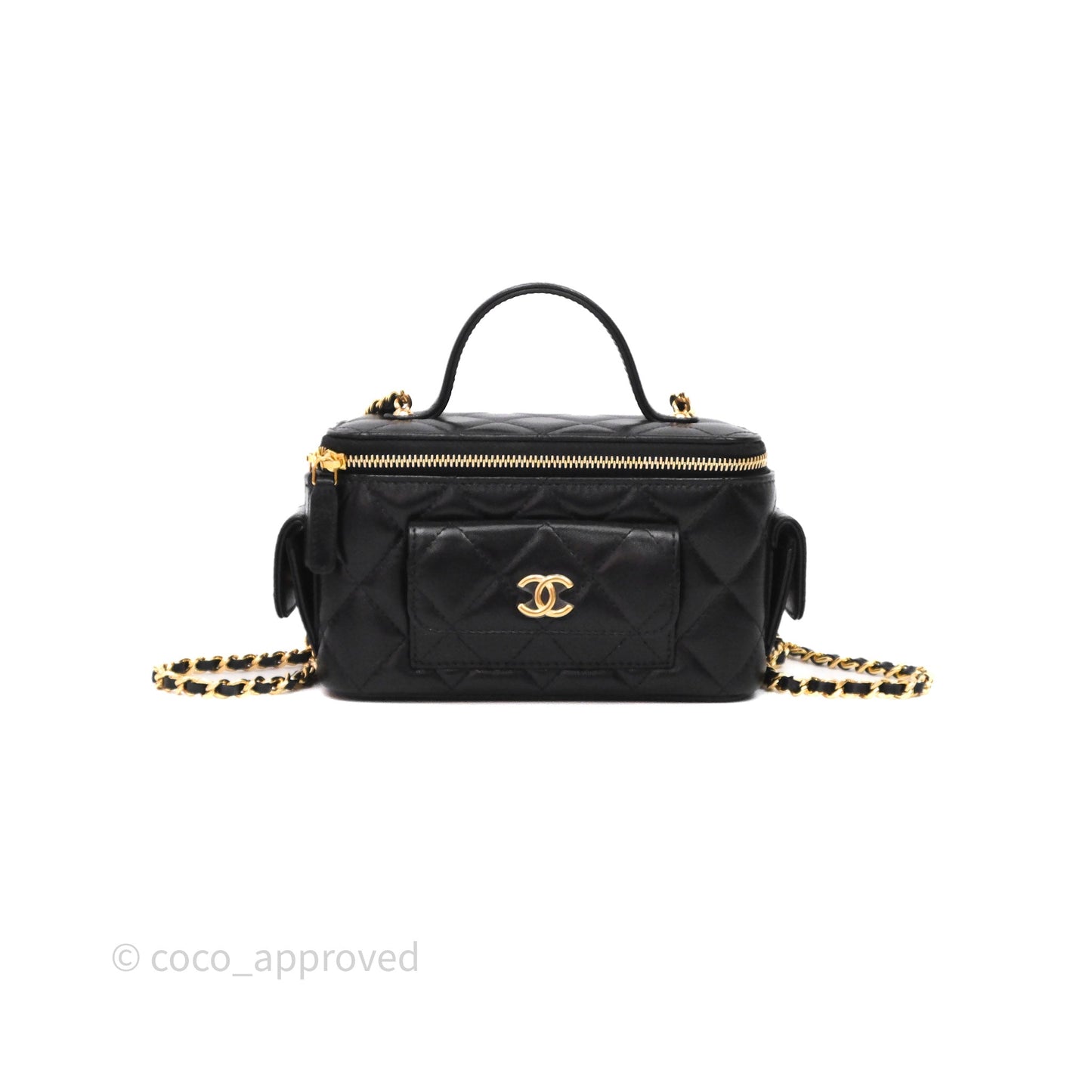 Chanel Quilted Top Handle Pocket Vanity Case Black Shiny Lambskin Bag Gold Hardware