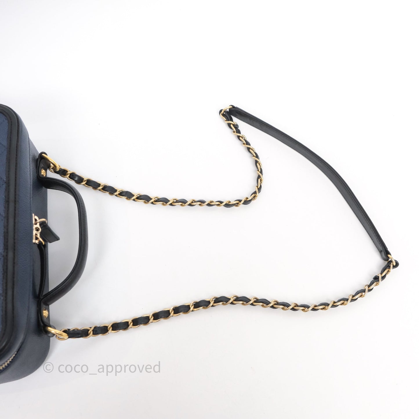 Chanel Quilted Large CC Filigree Vanity Case Navy Black Caviar Aged Gold Hardware