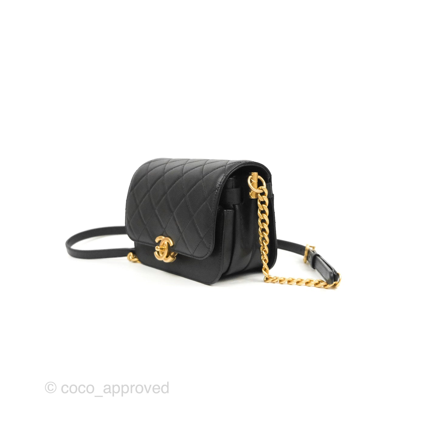 Chanel Mini Messenger Bag Black Caviar Aged Gold Hardware 21K